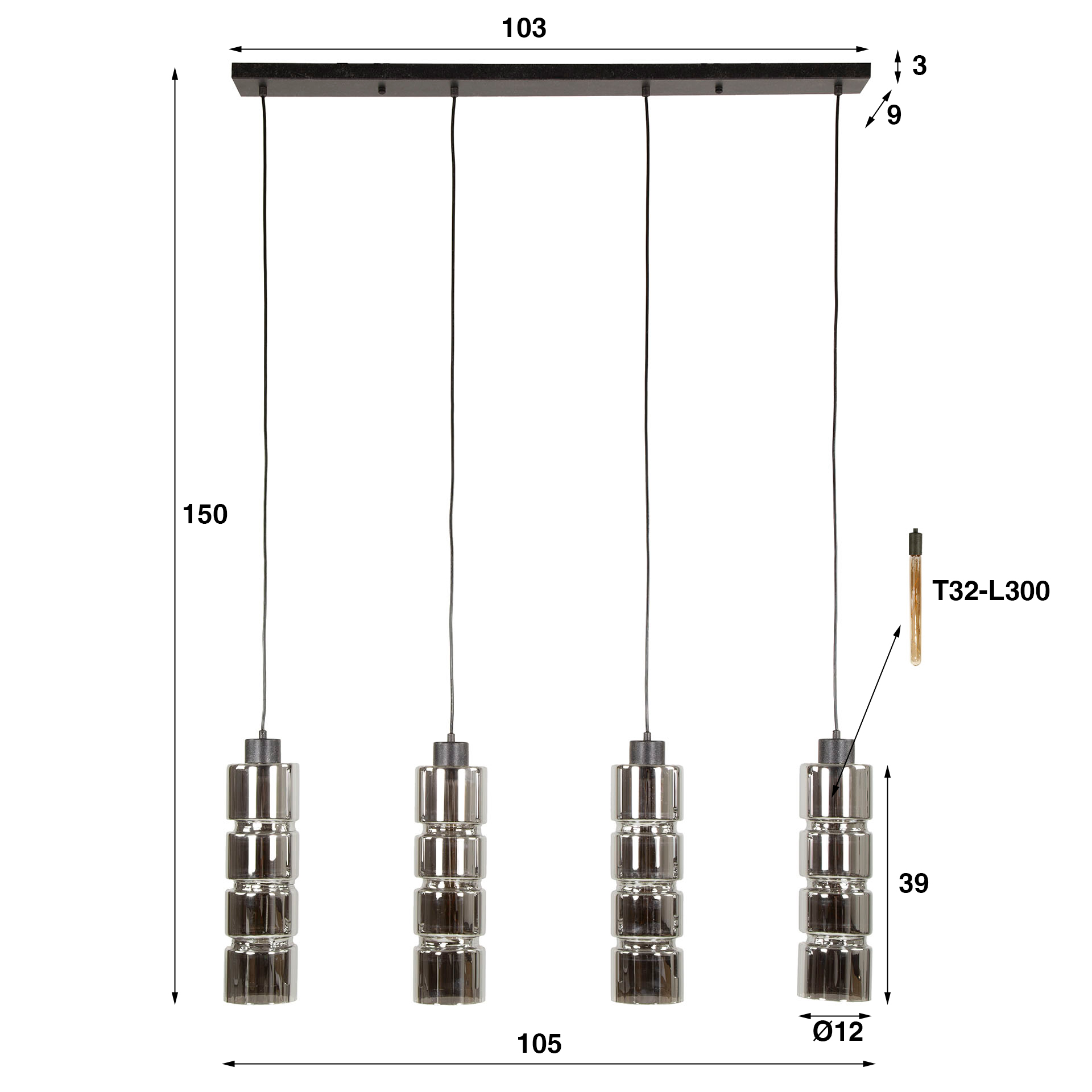 Industrial Hängelampe Pendelleuchte Column Verchromtes Glas