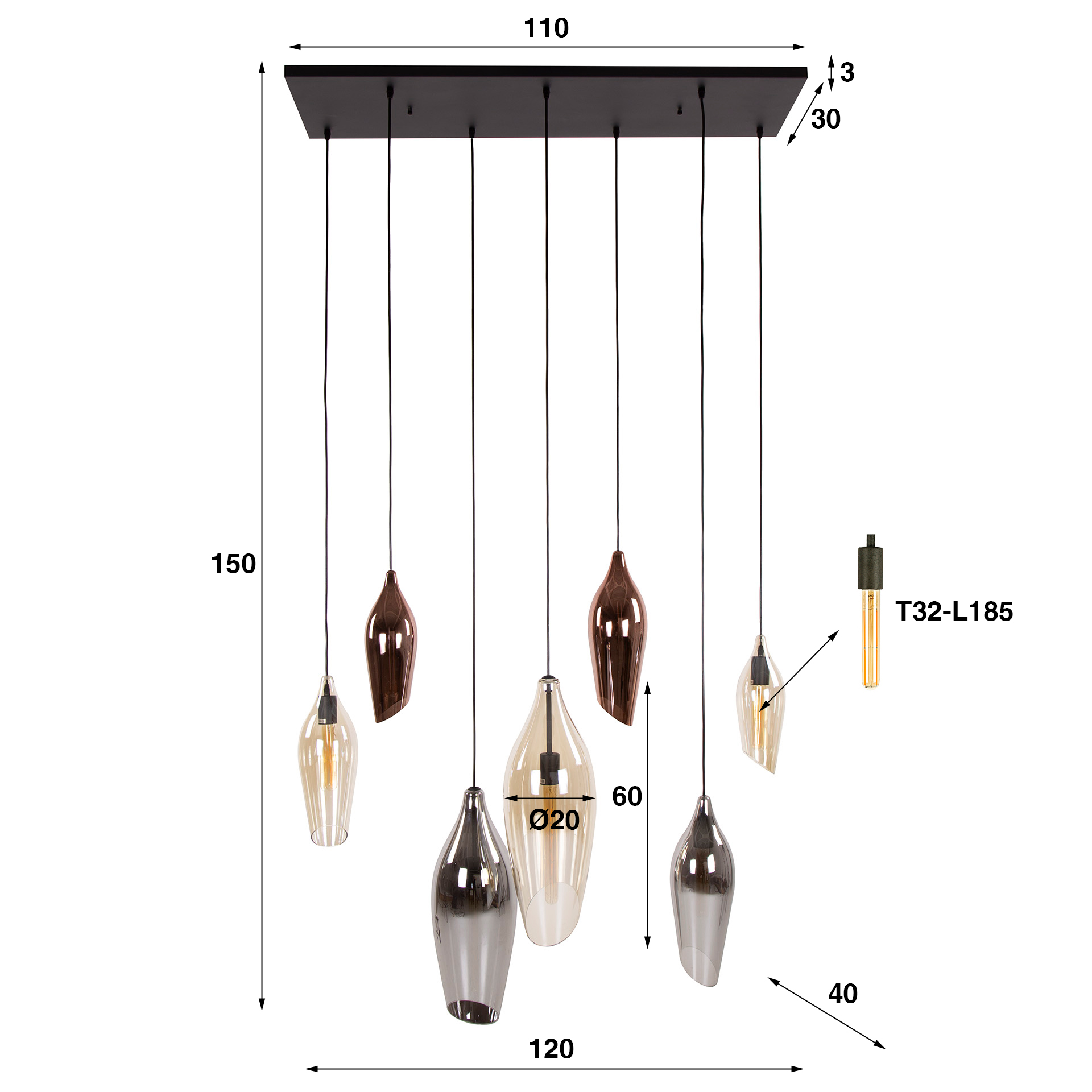 Retro Hängelampe Pendelleuchte 7 Cocoon Glas verschiedene Farben