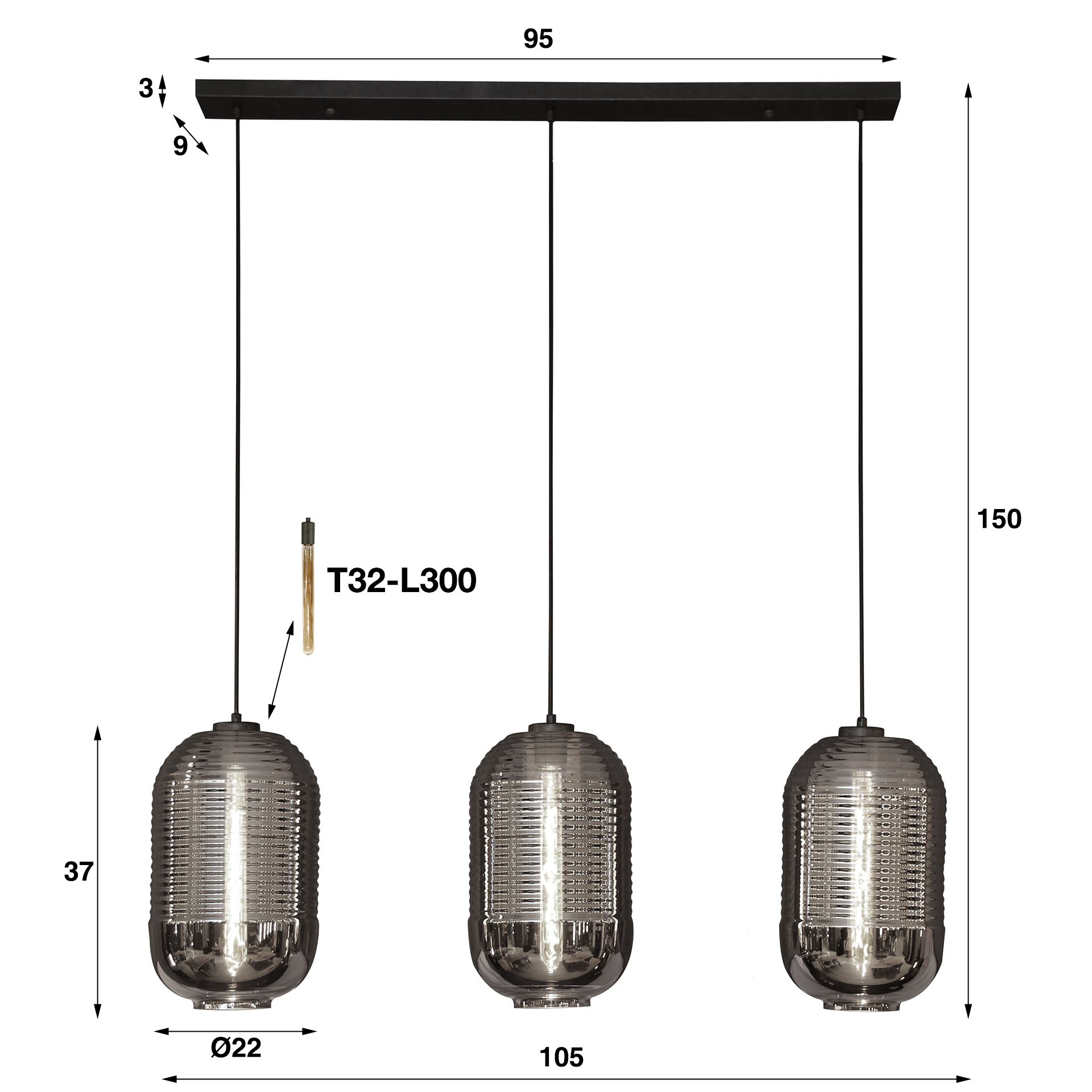 Hängelampe 3 Tubes Glas Chrom Industrial inkl. Leuchtmittel