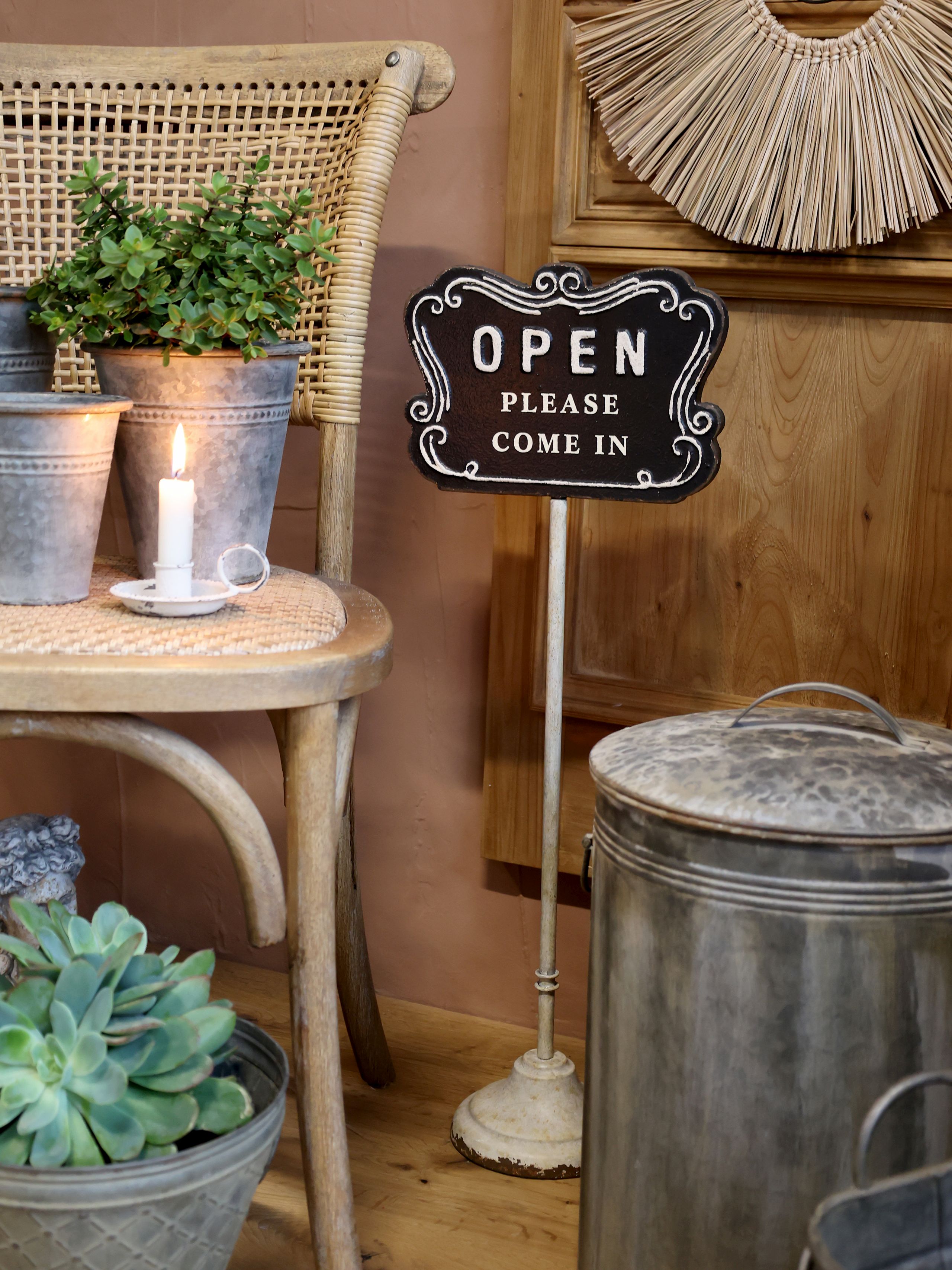 Vintage Schild Aufsteller Open/Closed Ständer mit Fuß Antik-Weiß